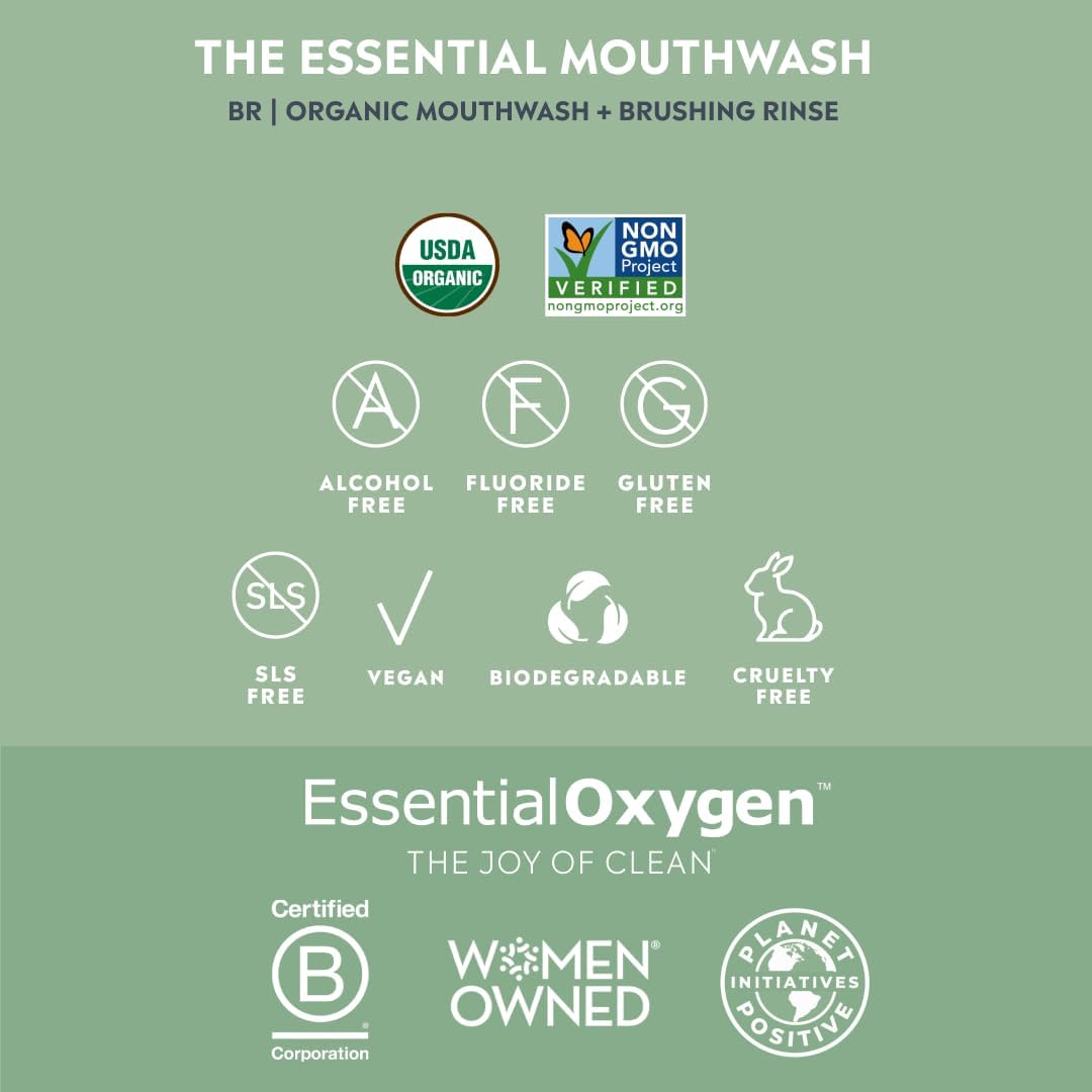 Essential Oxygen, Certified Organic Brushing Rinse, Combo, Peppermint, All Natural mouthwash, Dentist Recommended, Alcohol-Free Oral Care, 1 - 3 fl oz bottle and 1 - 16 fl oz bottle, BR (Pack of 2) image 3