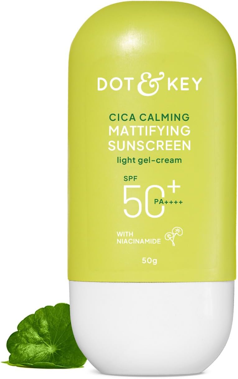 Dot & Key CICA Calming Mattifying Sunscreen SPF 50 PA++++ | For Oily Acne Prone & Sensitive Skin | UVA/UVB Protection | No White Cast, Ultra Light, Fragrance Free & Quick Absorbing | 50g