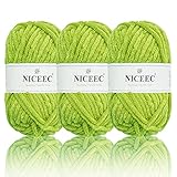 NICEEC 3 Skeins Sparkling Chenille Yarn Soft Yarn for Crochet Knitting Blanket Yarn DIY Craft Yarn for Blanket-Total Length 3×50m(3×55yds/3.53oz×3)- Spring Green