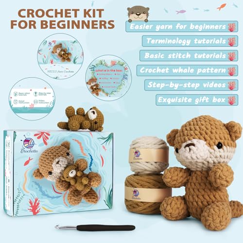 Image of Crochetta Crochet Kit for Beginners, Crochet Starter Kit w Step-by-Step Video Tutorials, Beginner Crochet Kit for Adults Kids Women Men Complete Kit Included (Otter Mom and Baby)
