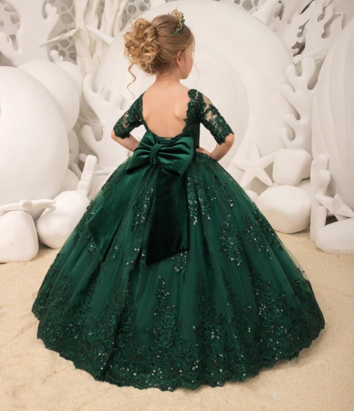 Girls Pageant Dresses Short Sleeve Flower Girl Dess with Bow Tulle Lace Appliques Formal Ball Gown2