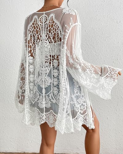 Bsubseach Womens Bathing Suit Cover Up Swimwear 2025 Back Cut Out Mesh Swimsuit Coverup Sheer Floral Beach Kimono Summer Cardigan(Cream White) - Image 5