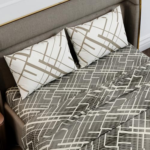 Image of Stoa Paris 100% Cotton Super King Bedsheet with 2 Pillow Covers for King & Double Beds,180TC Printed Bedding Set, Breathable, All-Season Comfort, Lightweight, Urbanscape - Beige Boulevard (274x274cm)