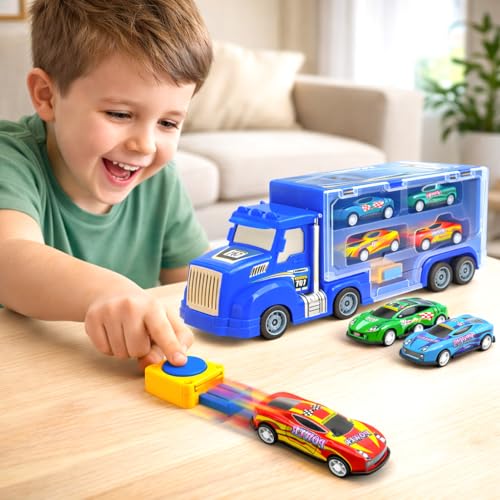 Image of VGRASSP Push and Go Carrier Truck Toy for Kids with 4 Mini Cars and Launch Button - Interactive Transport Vehicle Toy with Built-in Car Storage - Color As Per Stock