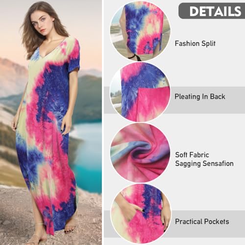 Image of Match Women's V-Neck Casual Loose Short Sleeve Long T-Shirt Dress Split Maxi Dress with Side Pocket