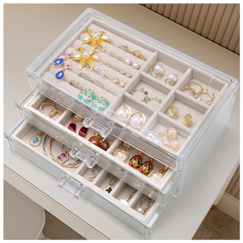 Acrylic Jewelry Earring Holder Organizers,3 Drawers Jewelry Boxes & Organizers,Clear Stackable Ring Display Case with Velvet Trays Gifts for Women＆Gir