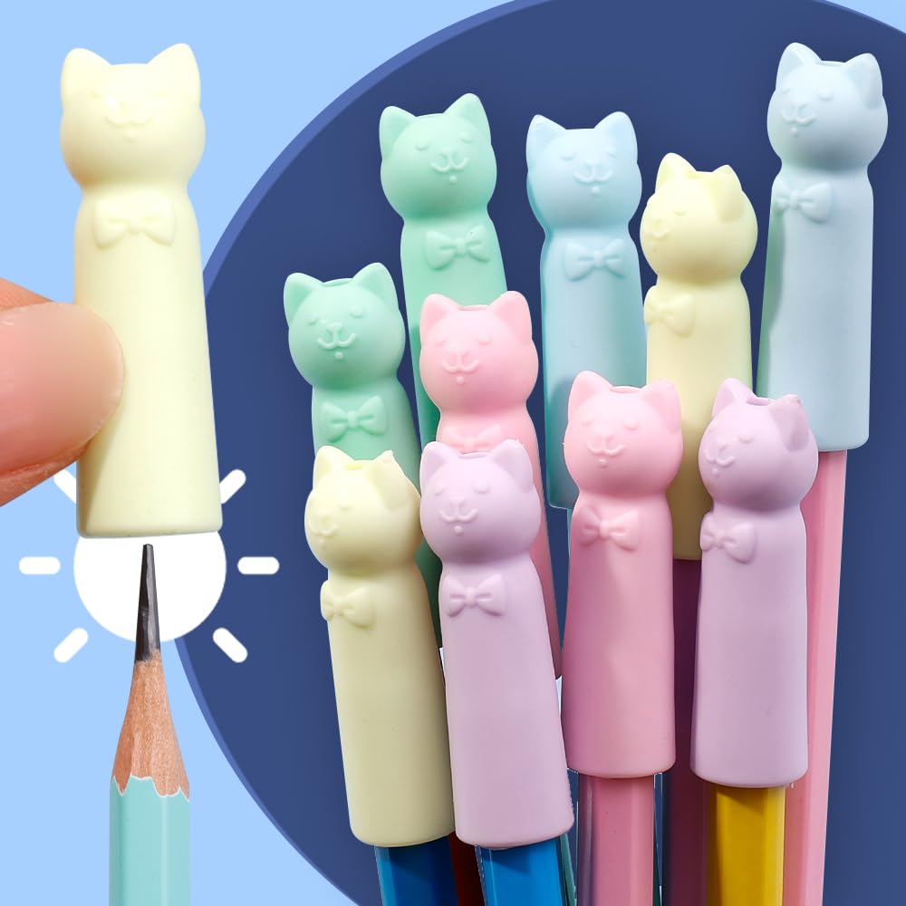 10Pcs 2 in 1 Erasers Pencil Top Cap School Office Stationery Supplies Cartoon Cat Shape Pencil Nib Protective Cover