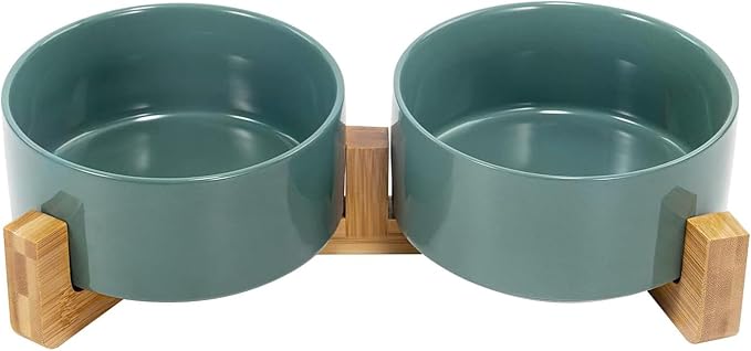 SPUNKYJUNKY Ceramic Dog and Cat Bowl Set with Wooden Stand, Modern Cute Weighted Food Water Set for Small Size Dogs (13.5OZ) & Medium Sized Dogs (28.7OZ) & Cats (1.7 Cups, 2 × Light Green)