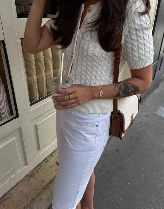 Image of Women Cable Knit Short Sleeved Sweater Cardigan Casual Button Up Soft Solid Sweater Shirt