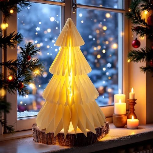Papier Tannenbaum mit LED Beleuchtung warm weiß - 30 cm - Dekofigur...