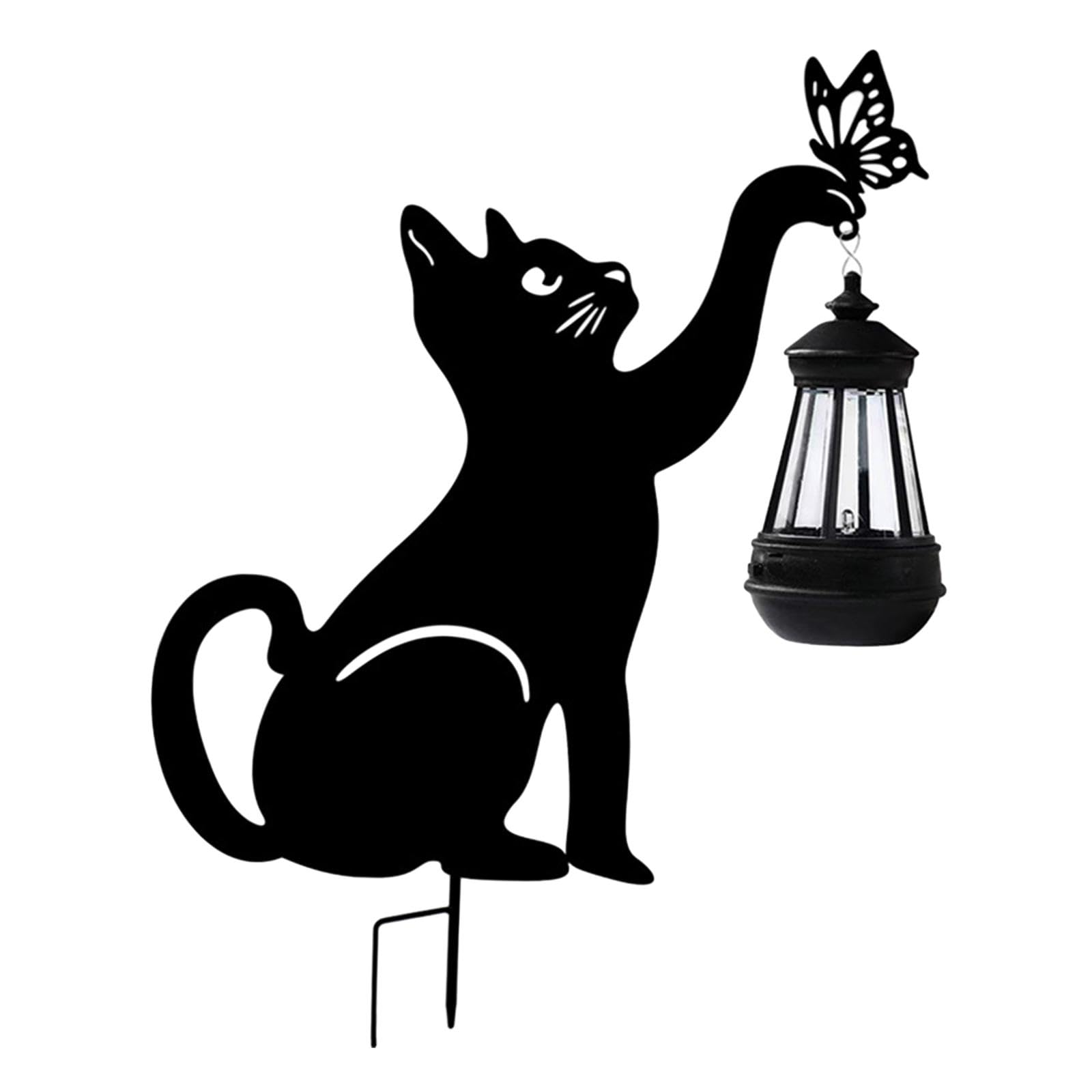 Folpus 21.6inch Hanging Solar Lantern Light with Black Cat Silhouette Garden Stake Light Decorative