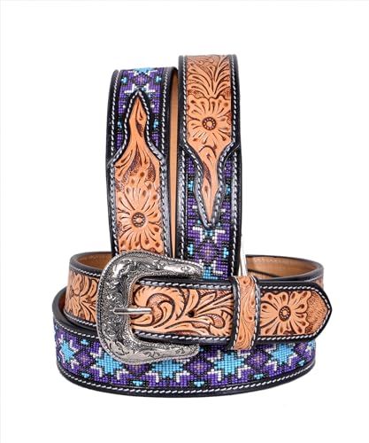 Western Tooled Leather Beaded Belt For Men and Women 30IS105