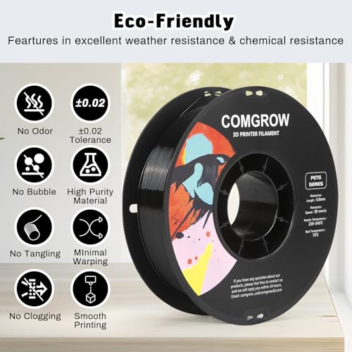 Image of Comgrow PETG 3D Printer Filament 1.75mm, High Precision and Tough 3D Printer Filament (2LBS), Dimensional Accuracy + /- 0.02 mm, Fit Most 3D Printers Black