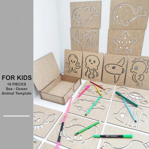 Image of Cliths 18-Piece Montessori Sea Ocean Animals Stencil Set - Wooden Toys for Skill Development and Learning