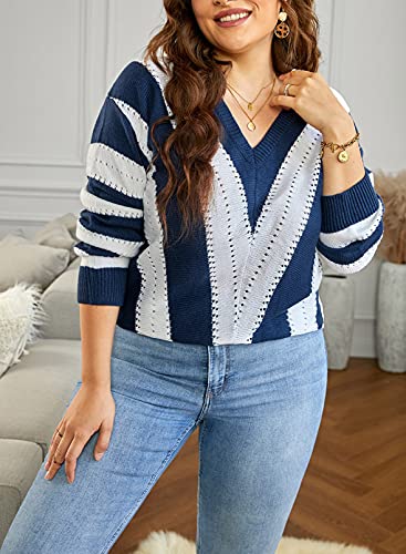Image of FEKOAFE V Neck Sweater Striped Long Sleeve Knit Pullover Sweaters for Women