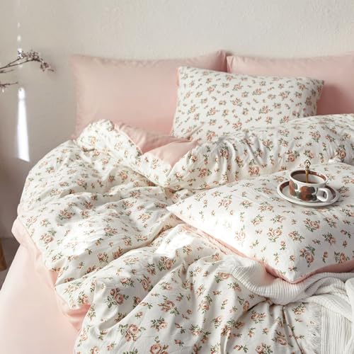 Image of Wake In Cloud - Floral Comforter Set, Coquette Cottagecore Aesthetic Flower Shabby Chic Pattern for Women Teen Girls, Soft Lightweight Bedding, 3 Pieces, Peach Blush, Full Size
