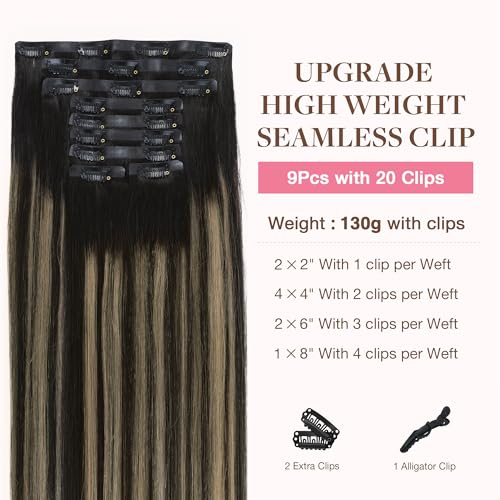 Image of GOO GOO Clip in Hair Extensions Real Human Hair, Remy Human Hair Extensions Clip ins for Women, Natural Human Hair, 14inch 130g 9Pcs, 1B /16 /1B Balayage Natural Black to Light Blonde
