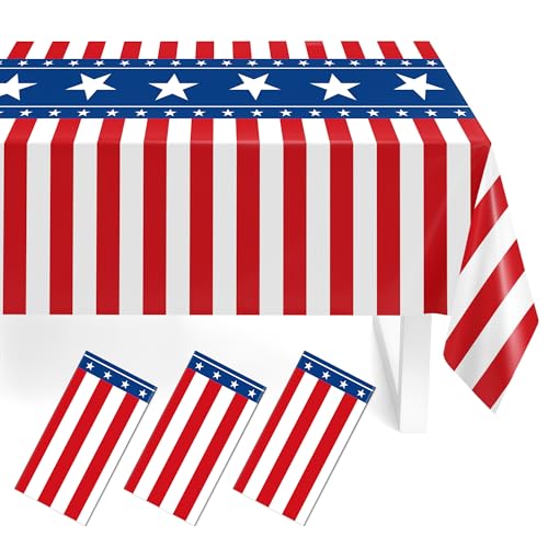 Childom 3 Pack Patriotic Tablecloth 4th of July Decorations Plastic Disposable Table Cloth 54x108 for Red White and Blue Decorations American Flag 4th of July Tablecloth USA Party Supplies