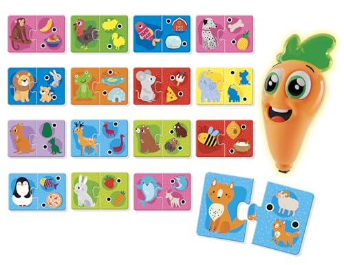 Image of Lisciani - Baby Animals - Educational Game with Carotina Talking Light Pen - Gift Idea for Children from 2 Years - 10 Puzzles of 2 Pieces - Interactive Quiz Learn About Baby Animals