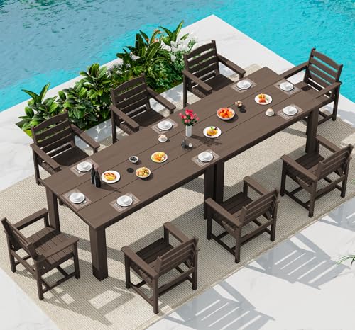 Image of SERWALL HDPE Patio Dining Set for 8, w / 2 Tables & 8 Armchairs, Coffee | All Weather Resistant HDPE Dining Sets for Patio, Garden, Backyard