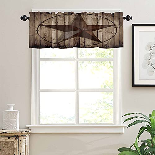 Western Texas Pentagram Window Valance Curtain Rustic Wood Grain Star Pattern Valance Tier Curtain Blackout Rod Pocket Curtain Valance For Kitchen/Bedroom/Living Room/Bathroom, 1 Panel, 54 X 18 Inch #TOP2