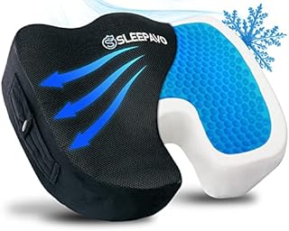 Sleepavo Black Memory Foam Seat Cushion for Office Chair - Cooling Gel Pillow for Sciatica Coccyx Back Tailbone & Lower Back Pain Relief - Chair Pad for Lumbar Support in Office Desk, Car & Airplane