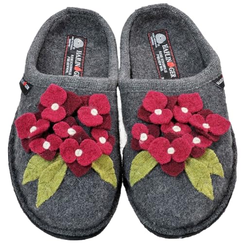 HAFLINGER Women's Hortensia Pure Boiled Wool Breathable Moisture-Wicking House Slippers w/Slip-Resistant Double-Felted Sole, Gray, 62