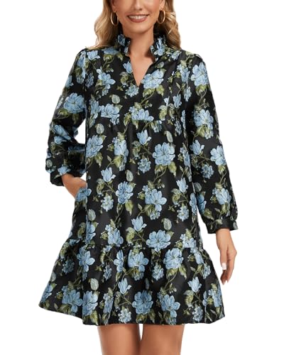 Women Jacquard Mini Dress Long Sleeve Ruffle V Neck Tiered Tunic Shift Floral Party Short Dresses