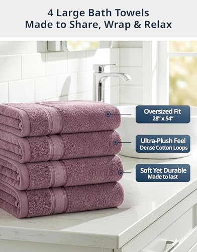 Image of LANE LINEN 100% Cotton Large Bath Towels Set of 4 (28 inchx54 inch) - Zero Twist, Mercerized Cotton Bathroom Towel 4 Pack - Quick Dry, Soft & Absorbent Large Towels Set - Oeko Tex Certified - Wishful Mauve
