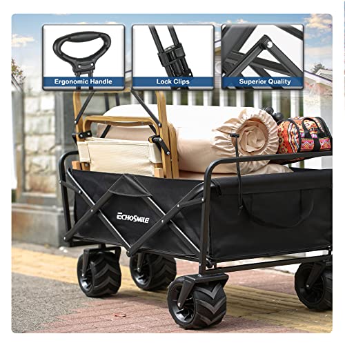 EchoSmile Wagon with Big Wheels, Heavy Duty 350 Lbs Capacity Collapsible For Outdoor,Camping Grocery Sports Beach Portable Adjustable Folding Utility Rolling Carts, All Terrain