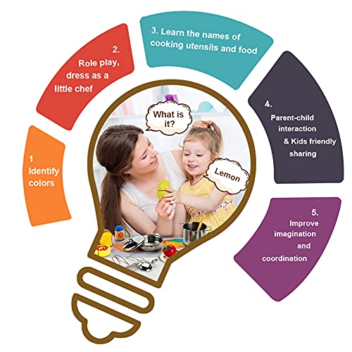 Sundaymot Küchenspielzeug Zubehör, Kinderküche Kochgeschirr Mit Edelstahl Töpfe Pfannenset, Schürze und Kochmütze, Gemüse Lebensmittel Spielzeug Rollenspiele Set für Mädchen Jungen – Bild 7