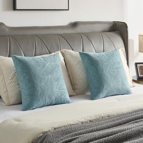 Image of FUTEI Pack of 2 Velvet Throw Pillow Covers 18x18 Inch Soft Embossed Leaf-Relief Textured Decorative Cushion Cases Modern Natural Farmhouse Accent for Couch Bed Living Room, Grey Blue