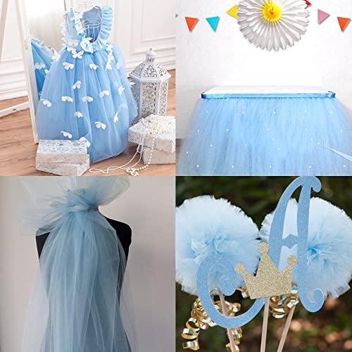 Light Blue Tulle (6"X100 Yards) And 20 Pcs Ostrich Feathers (10-12") Bundle #TOP6