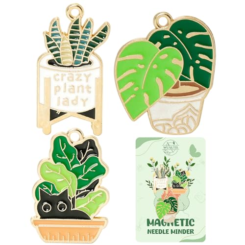 WUSUTE 3 Pcs Green Plants Cat Needle Minder for Cross Stitch Needle Minder Magnet for Organizing Embroidery Sewing Accessories for Needle Organizing