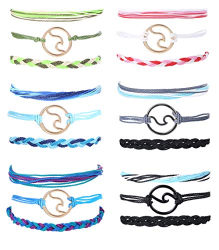 Adramata 18 Pcs Ocean Wave Surfer Waterproof Bracelet for Women Men Vsco Strand Roped Adjustable Bracelets Handcrafted Friendship Wax Braided Bracelet Set