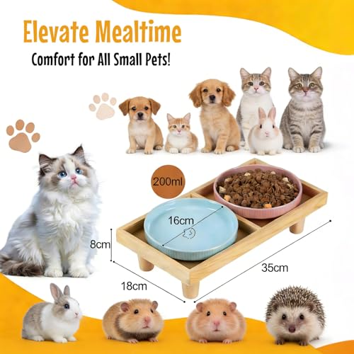Katzennapf Flach Keramik mit Holzständer, Erhöhte Futterstation Tisch mit 2 Keramiknäpfe, Futternapf Katze Schalen-Durchmesser 16 cm