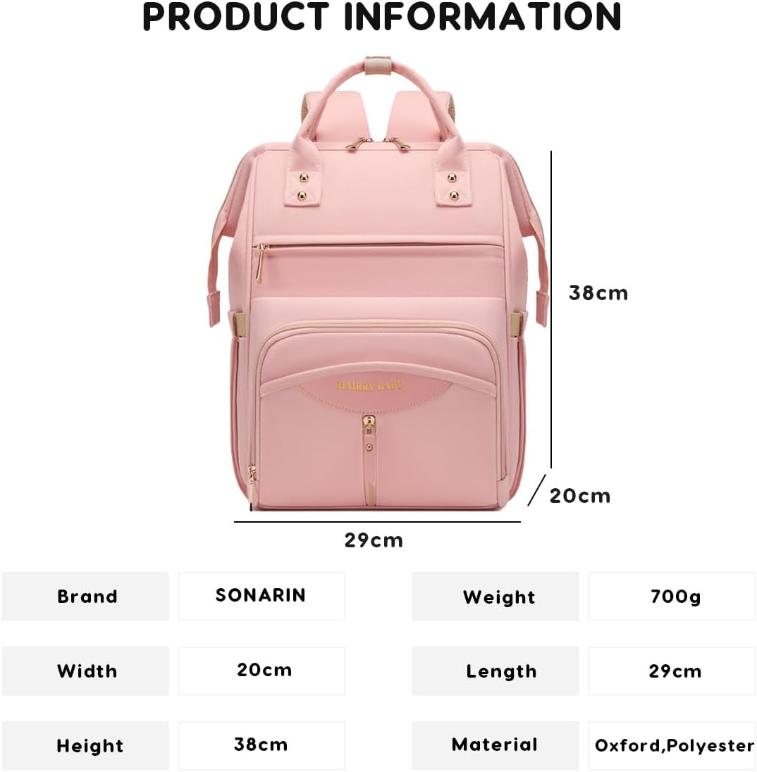 SONARIN Portable Multifunctional Diaper Backpack,Large Capacity Travel Nappy Changing Bag Mummy Bag with Stroller Straps(Pink)