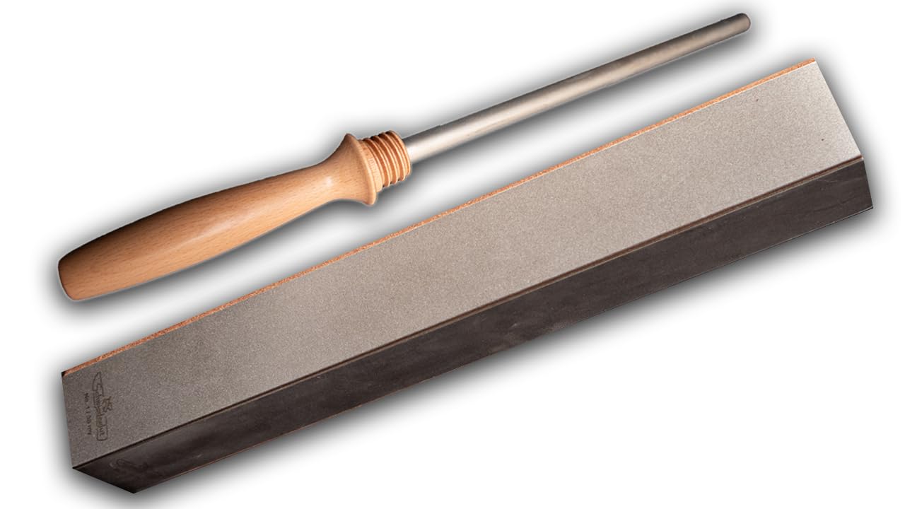 Schmiedeglut Diamantleder Unlimited 5-in-1 Messerschärfer | Diamantplatten (38 µm / 15 µm), Abziehleder mit Diamantpasten (9 µm / 3 µm) und Rundstab für Wellenschliff | Made in Germany | 1002710