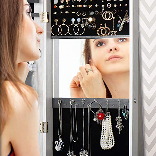 TWING Jewelry Organizer Jewelry Cabinet 360 Rotating , Lockable Standing Wall Jewelry Armoire with Full Length Mirror Large Jewelry Armoire Cabinet(White with wood grain)
