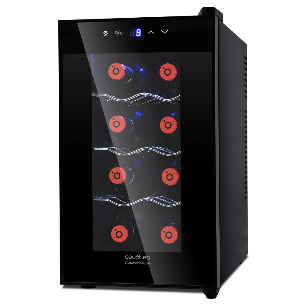 Cecotec Vinoteca Grand Sommelier 800 CoolCrystal. 8 Botellas, Capacidad de 25L, Puerta FullCrystal, Acabado de Espejo, Estantes en Acero Inoxidable, Panel táctil y Pantalla LED