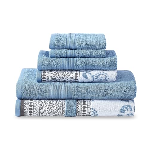 Modern Threads 6 Piece Set, 2 Bath Towels, 2 Hand Towels, 2 Washcloths Yarn Dyed Jacquard/Solid Towel Set Ophelia Blue