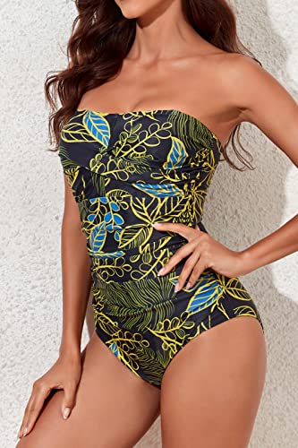 Image of Smismivo Tummy Control Swimwear Strapless One Piece Swimsuit Ruched Bathing Suits for Women Slimming Bandeau Tube Top Bikini