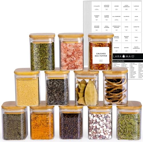 Laramaid 7oz 12Packs Glass Jars Set with 208 Minimalist Spice Labels, Square Spice Jars with Bamboo Lids and White Vinyl Customized Sticker Labels, Food Storage Container Canisters