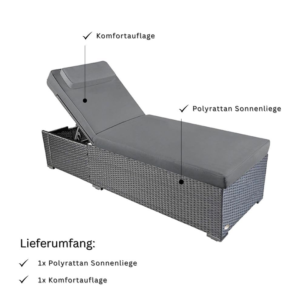 RS Trade Sonnenliege Gartenliege wetterfest extra hoch auch für Senioren – Polyrattan Outdoor mit Rollen, stabil & belastbar bis 200kg, XXL für Garten Terrasse Balkon, grau Rattan, mit Grauer Auflage