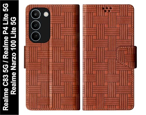 Image of SBMS Flip Cover for Realme C83 5G /Narzo 100 Lite 5G /P4 Lite 5G Back Case with Magnatic Closure | Genuine Leather Finish | Inbuilt Stand | Card & Money Pocket | Wallet Style Flip Cover (Mat Tan)