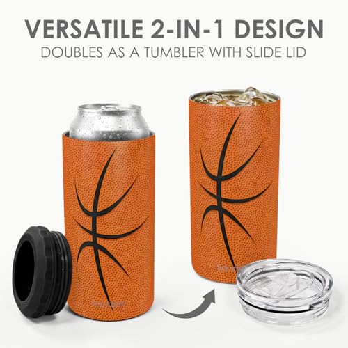 Image of Basketball Can Cooler 12oz - Travel Mug Cups - Stainless Steel Insulated for Men Women Players - Tumbler Cans Koozie, Sport Gift for Fan Coach Lovers