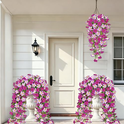 4PCS Artificial Fake Hanging Flowers Plants for Outdoor Decoration Faux Silk Morning Glory with Eucalyptus Leaves UV Resistant Realistic Flowers for Balcony Porch Patio Yard (White image 5