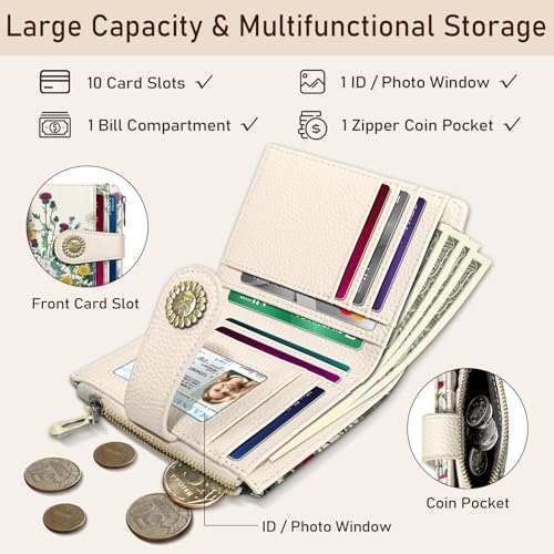 Image of Kelvoris Aesthetic Flower Floral Small Rfid Women Wallet Zipper Coin Pocket | Bifold PU Leather Compact Cash Credit Card Holder Travel Purse for Female Ladies Teen Girls 1 ID Window 10 Card Slots