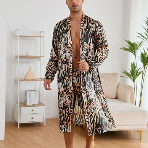 Lu's Chic Men's Long Sleeve Pajamas Soft Satin Robe Pj Shorts 2 Piece Summer Comfy Satin Fall Luxury Thin4