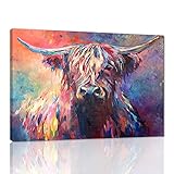 Banksy Graffiti Freedom Highland Cow Picture Canvas Wall Art Pop Street Art Farmhouse Cow Poster Oil Painting Artwork Men Home Kitchen Office Decor Giclee Print Wood Frame Gallery Wrapped-36''Wx24''H